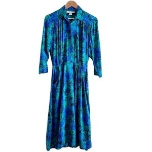Vintage 80s Midi Shirt Dress w/‎ Pockets Blue Green Floral Print, Size 4